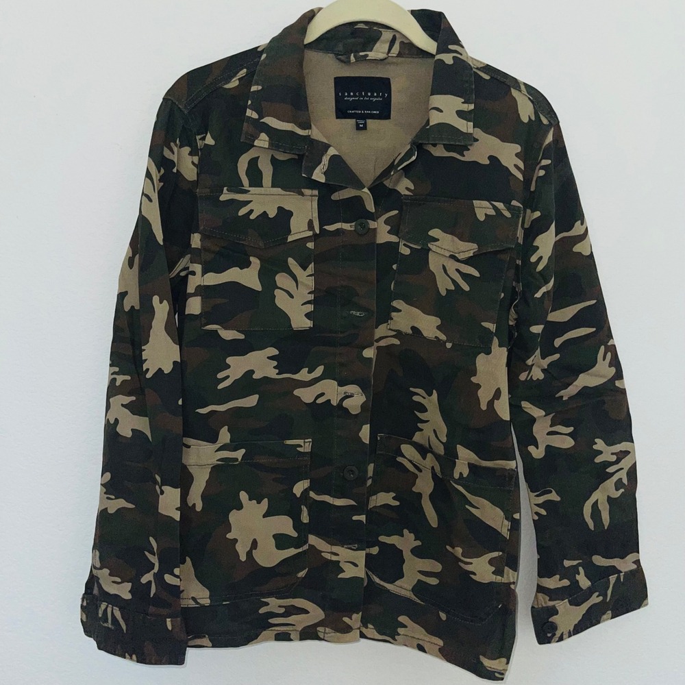 Sanctuary Camo Field Jacket Utility Button Front Green Camouflage Medium